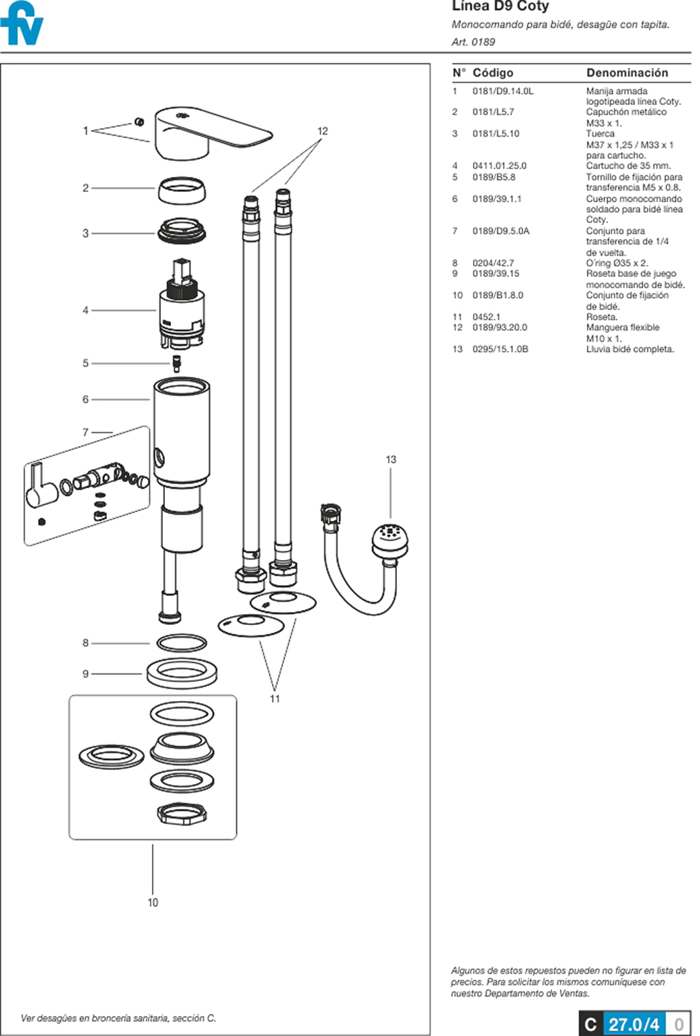 Griferia Monocomando Para Bidet Fv Coty 189/D9