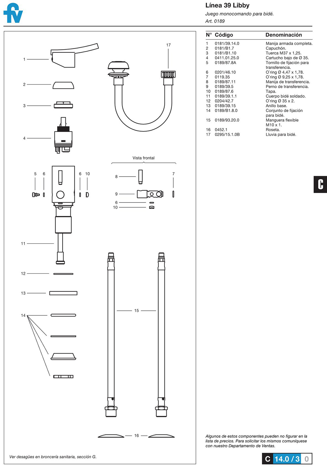 Griferia Monocomando Para Bidet Fv Libby 189/39