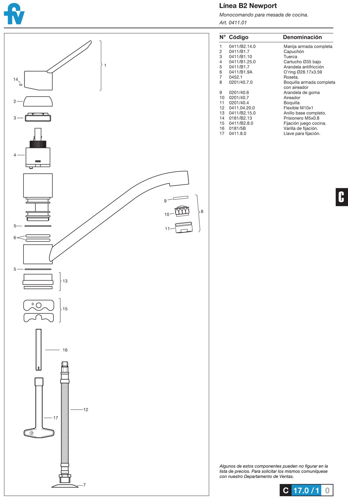 Griferia Monocomando Para Cocina Fv Newport Alto 411.02/B2